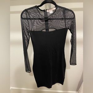 French Connection size 0 black mini dress with sheer long sleeves.